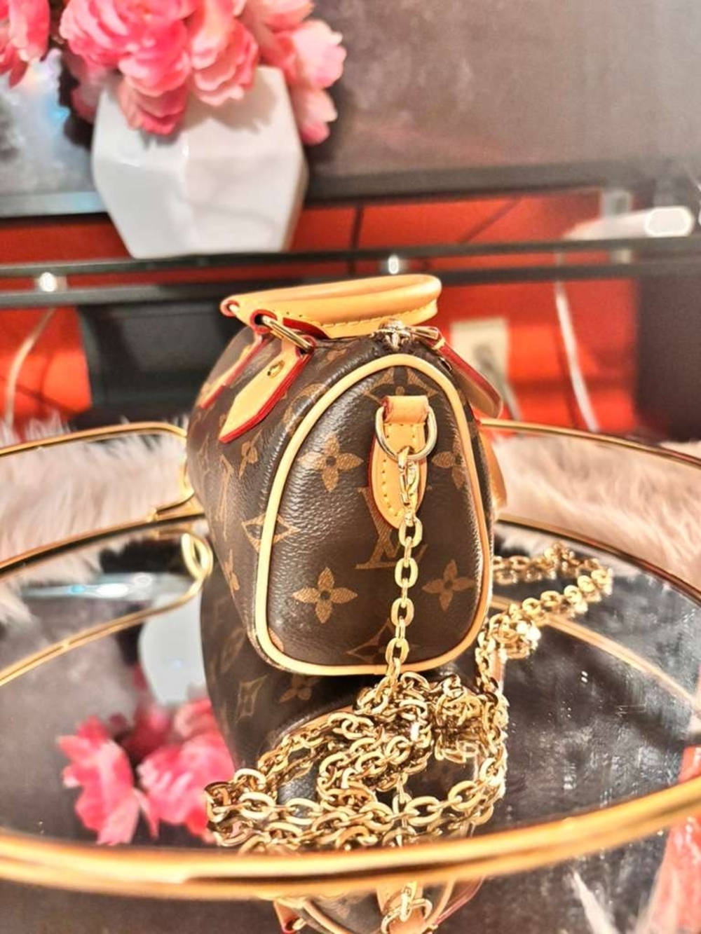 Louis Vuitton Brown Monogram Mini Nano Speedy Satchel with Gold Chain - Picture 4 of 8